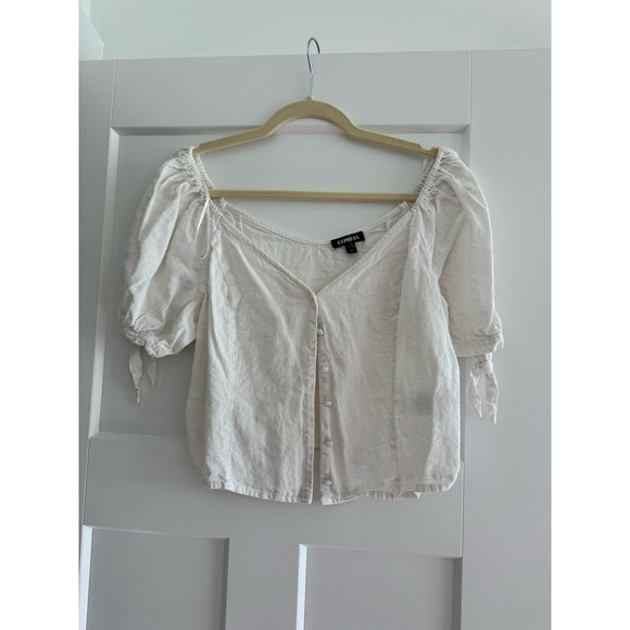 Express White Linen Ballon Short sleeve Button down Blouse - Picture 1 of 7